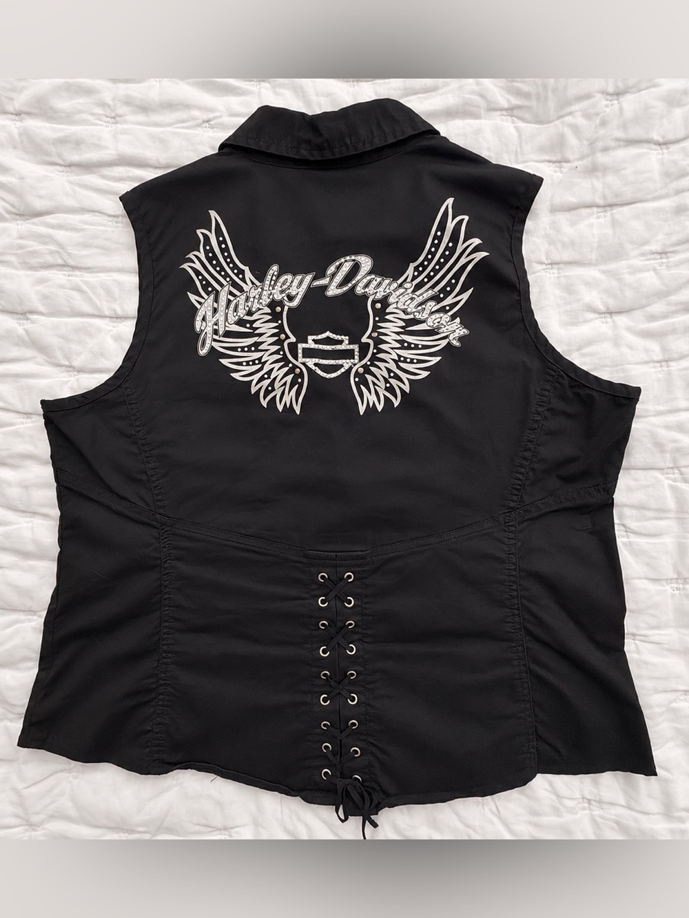 Harley Davidson Women’s Black Sleeveless Zip Vest Rhinestone Wings Plus Size 1W